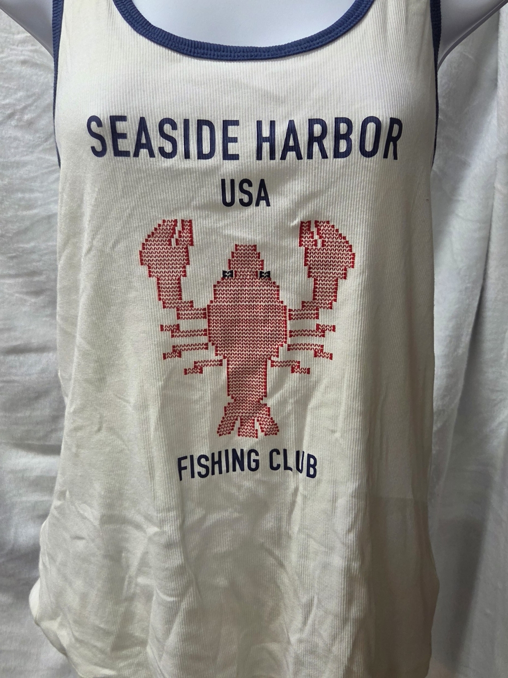 Universal Thread Womans Cream Tank Top with Navy Trim and Red Lobster Graphic